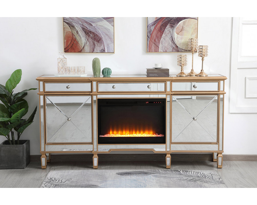 Elegant Contempo 72" Mirrored Credenza with Wood Fireplace - Gold (MF61072G-F2)