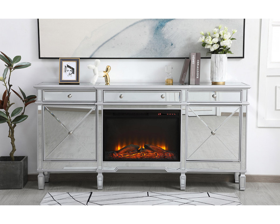 Elegant Contempo 72" Mirrored Credenza with Wood Fireplace - Silver (MF61072SC-F1)