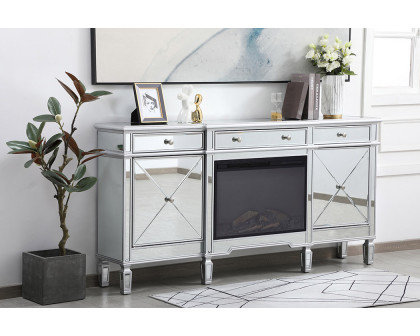 Elegant Contempo 72" Mirrored Credenza with Wood Fireplace - Silver (MF61072SC-F1)