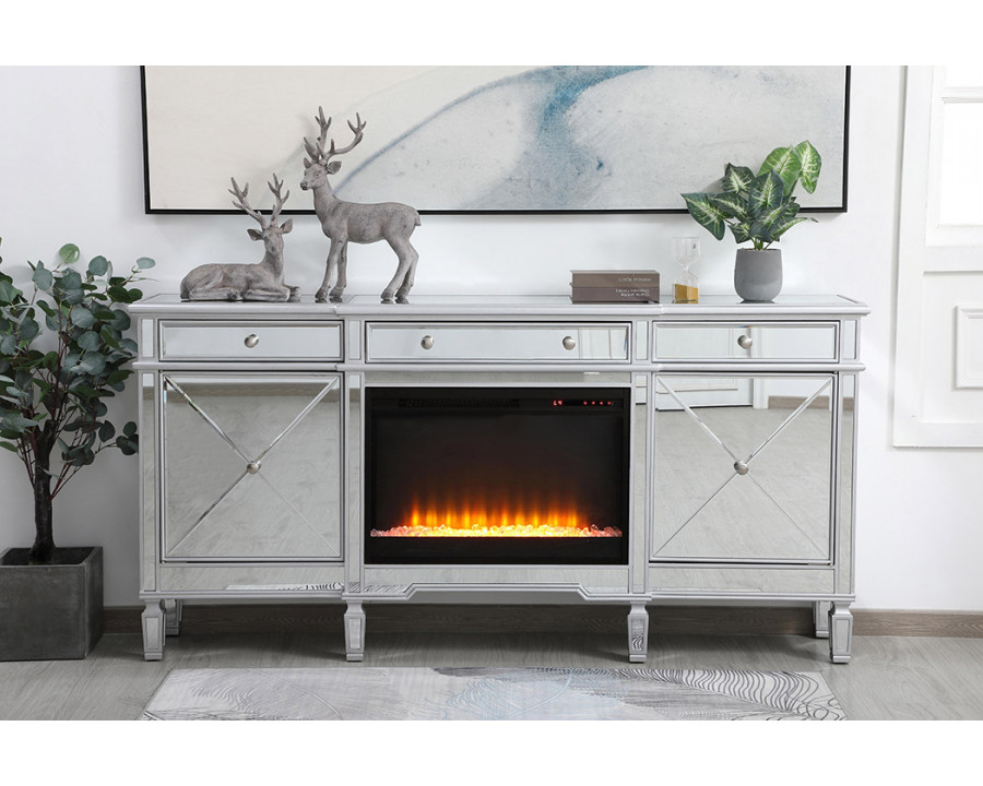 Elegant Contempo 72" Mirrored Credenza with Wood Fireplace - Silver (MF61072SC-F2)