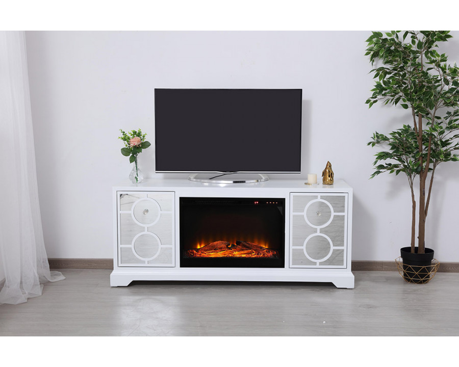 Elegant 60" Mirrored TV Stand with Crystal Fireplace Insert - White (MF801WH-F1)