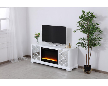 Elegant 60" Mirrored TV Stand with Crystal Fireplace Insert - White (MF801WH-F2)