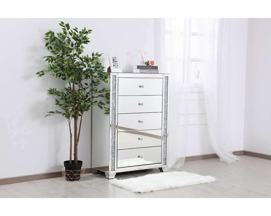 Elegant - 34" Silver Crystal Mirrored Five Drawer Cabinet (MF92054)