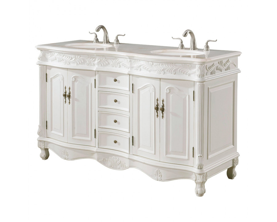 Elegant Windsor 60" Wide Double Vanity Set - Antique White (VF-1049AW)