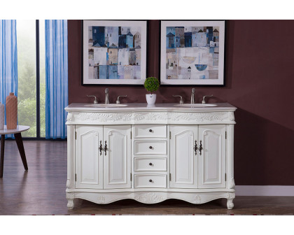 Elegant Windsor 60" Wide Double Vanity Set - Antique White (VF-1049AW)