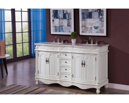 Elegant Windsor 60" Wide Double Vanity Set - Antique White (VF-1049AW)