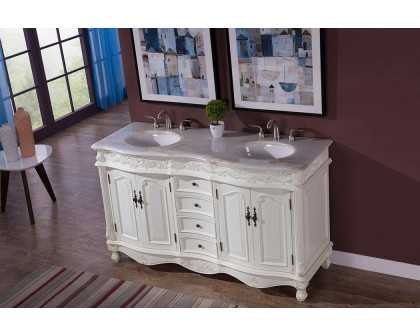 Elegant Windsor 60" Wide Double Vanity Set - Antique White (VF-1049AW)