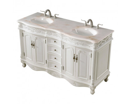 Elegant Windsor 60" Wide Double Vanity Set - Antique White (VF-1049AW)