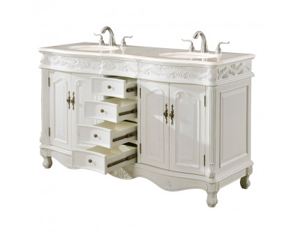 Elegant Windsor 60" Wide Double Vanity Set - Antique White (VF-1049AW)