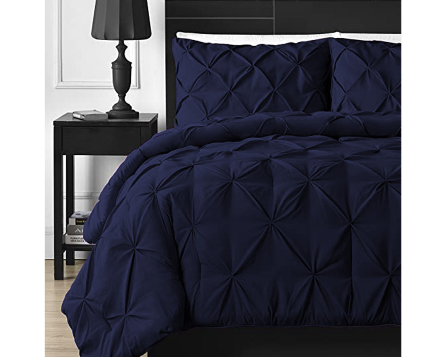 eLuxury 3 Piece Pinch Pleat Down Alternative Comforter Set - California King, Navy Blue