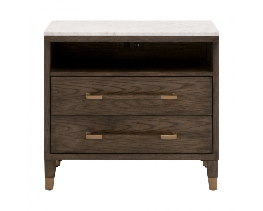 Essentials - Cambria 2-Drawer Nightstand in Dutch Brown Oak, Bianco Marble, Aged Brass