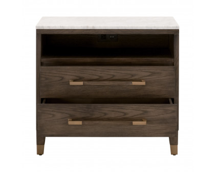 Essentials - Cambria 2-Drawer Nightstand in Dutch Brown Oak, Bianco Marble, Aged Brass