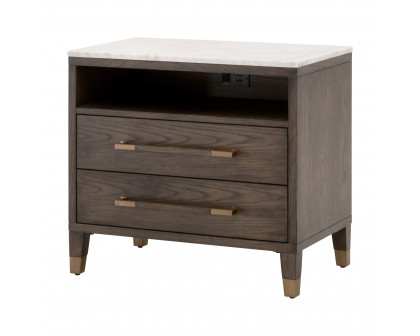 Essentials - Cambria 2-Drawer Nightstand in Dutch Brown Oak, Bianco Marble, Aged Brass