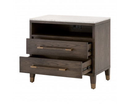 Essentials - Cambria 2-Drawer Nightstand in Dutch Brown Oak, Bianco Marble, Aged Brass