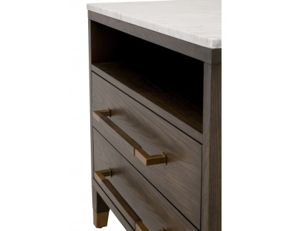 Essentials - Cambria 2-Drawer Nightstand in Dutch Brown Oak, Bianco Marble, Aged Brass