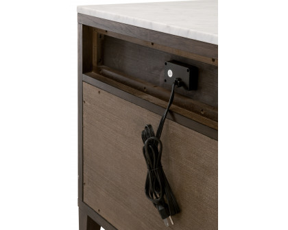 Essentials - Cambria 2-Drawer Nightstand in Dutch Brown Oak, Bianco Marble, Aged Brass