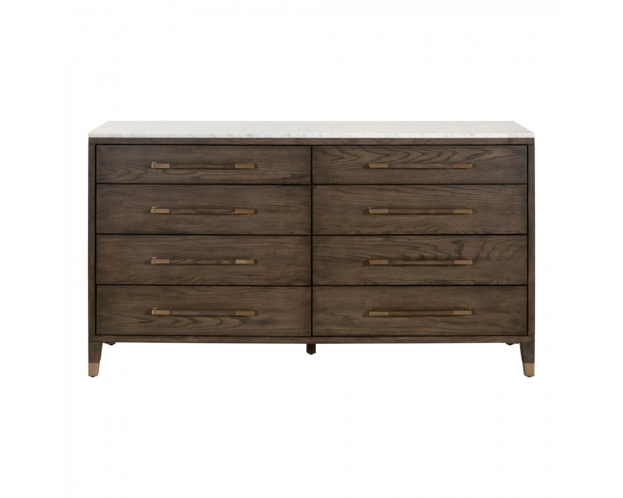 Essentials - Cambria 8-Drawer Double Dresser in Dutch Brown Oak, Bianco Marble, Aged Brass