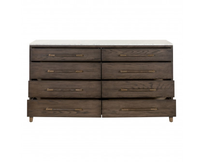 Essentials - Cambria 8-Drawer Double Dresser in Dutch Brown Oak, Bianco Marble, Aged Brass