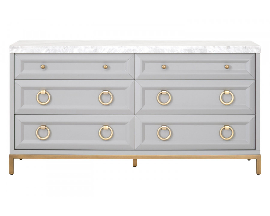 Essentials Traditions Azure Carrera 6-Drawer Double Dresser - Dove Gray, White Carrera Marble, Brushed Gold