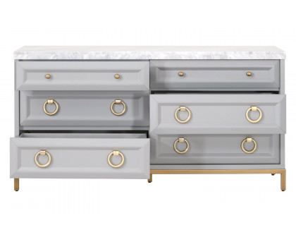 Essentials Traditions Azure Carrera 6-Drawer Double Dresser - Dove Gray, White Carrera Marble, Brushed Gold