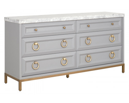 Essentials Traditions Azure Carrera 6-Drawer Double Dresser - Dove Gray, White Carrera Marble, Brushed Gold