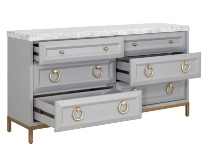 Essentials Traditions Azure Carrera 6-Drawer Double Dresser - Dove Gray, White Carrera Marble, Brushed Gold