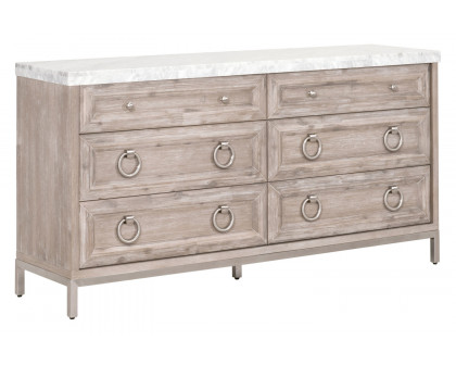 Essentials Traditions Azure Carrera 6-Drawer Double Dresser - Natural Gray Acacia, White Carrera Marble, Brushed Stainless Steel