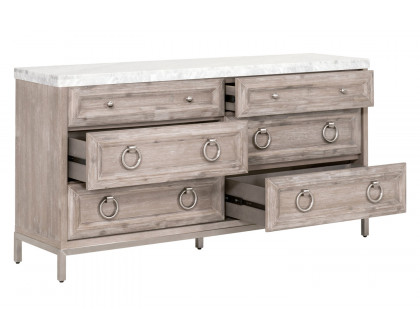 Essentials Traditions Azure Carrera 6-Drawer Double Dresser - Natural Gray Acacia, White Carrera Marble, Brushed Stainless Steel