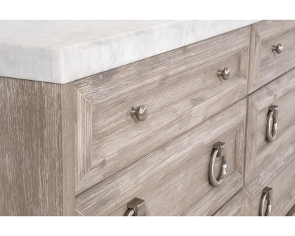 Essentials Traditions Azure Carrera 6-Drawer Double Dresser - Natural Gray Acacia, White Carrera Marble, Brushed Stainless Steel