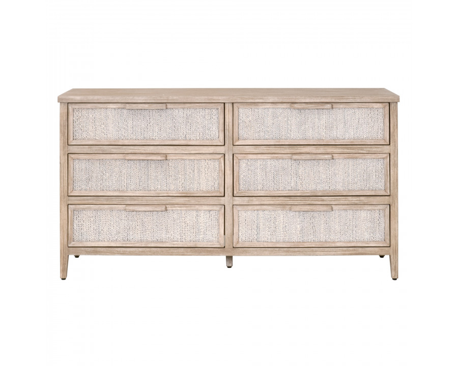 Essentials - Malay 6-Drawer Double Dresser in White Wash Abaca Rope, Natural Gray Mahogany