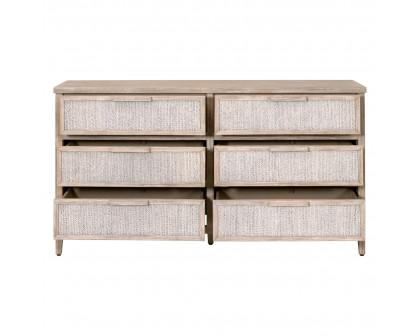 Essentials - Malay 6-Drawer Double Dresser in White Wash Abaca Rope, Natural Gray Mahogany