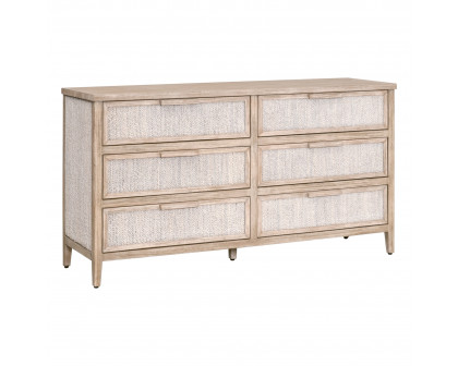 Essentials - Malay 6-Drawer Double Dresser in White Wash Abaca Rope, Natural Gray Mahogany