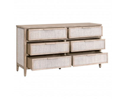 Essentials - Malay 6-Drawer Double Dresser in White Wash Abaca Rope, Natural Gray Mahogany