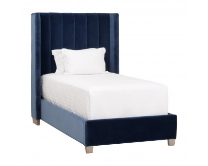 Essentials - Chandler Twin Size Upholstered Bed in Denim Velvet, Natural Gray Oak