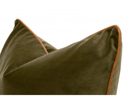 Essentials The Not So Basic 22" Pillow Set of 2 - Olive Velvet, Whiskey Brown Top Grain Leather Piping