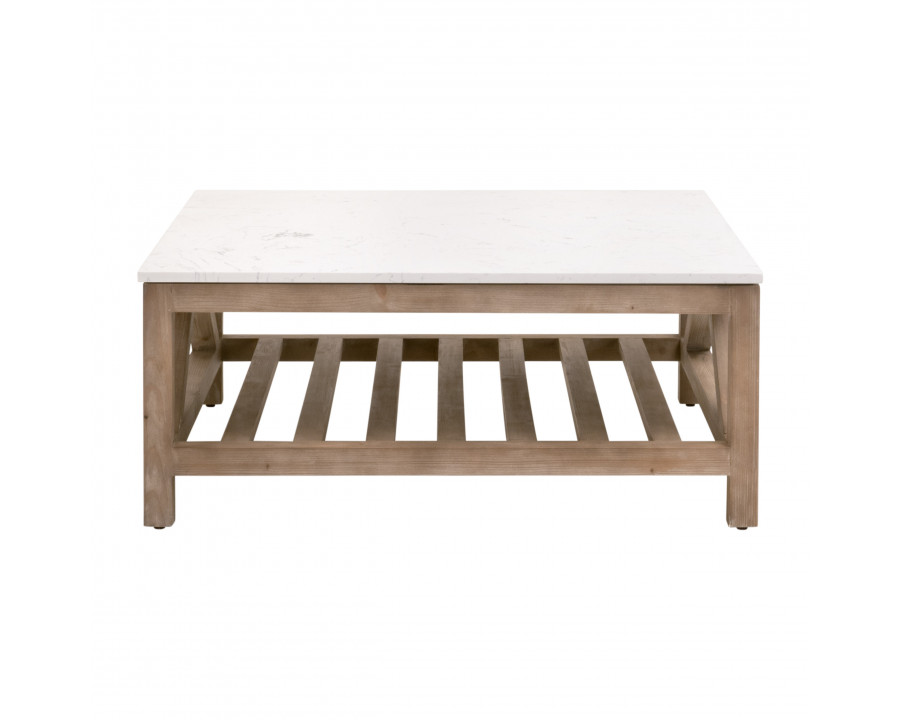 Essentials Bella Antique Spruce Square Coffee Table - Smoke Gray Pine, White Quartz