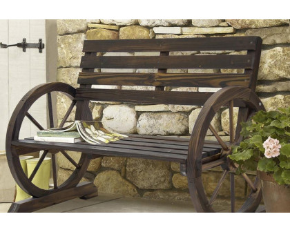 FaFurn - 2 Person Farmhouse Wagon Wheel Wooden Bench