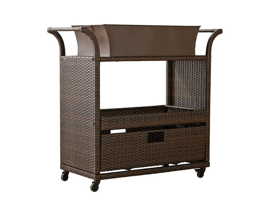 FaFurn - Outdoor Sturdy Resin Wicker Serving Bar Cart with Tray Brown Rattan