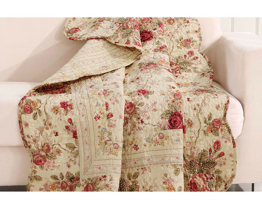 FaFurn - Red Pink Gold Ecru Floral Roses Quilt Throw Blanket in 100% Cotton