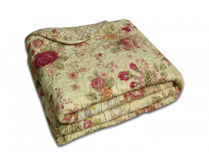 FaFurn - Red Pink Gold Ecru Floral Roses Quilt Throw Blanket in 100% Cotton