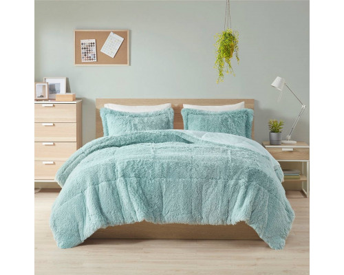 FaFurn 3-Piece Full/Queen Size Comforter Set with Pillow Shams - Light Teal Blue, Soft Sherpa Faux Fur