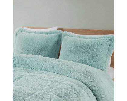 FaFurn 3-Piece Full/Queen Size Comforter Set with Pillow Shams - Light Teal Blue, Soft Sherpa Faux Fur