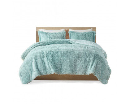 FaFurn 3-Piece Full/Queen Size Comforter Set with Pillow Shams - Light Teal Blue, Soft Sherpa Faux Fur