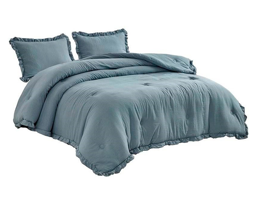 FaFurn Full Size 3-Piece Ruffled Edge Comforter Set - Blue, Stone Wash/Microfiber