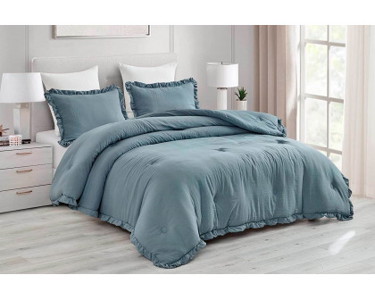 FaFurn Full Size 3-Piece Ruffled Edge Comforter Set - Blue, Stone Wash/Microfiber