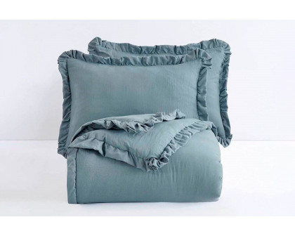 FaFurn Full Size 3-Piece Ruffled Edge Comforter Set - Blue, Stone Wash/Microfiber