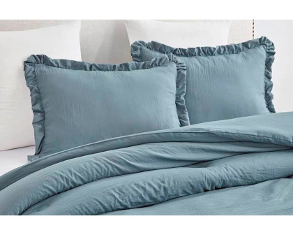 FaFurn Full Size 3-Piece Ruffled Edge Comforter Set - Blue, Stone Wash/Microfiber