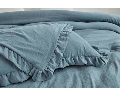 FaFurn Full Size 3-Piece Ruffled Edge Comforter Set - Blue, Stone Wash/Microfiber