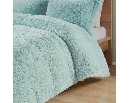 FaFurn 2-Piece Twin/Twin XL Size Comforter Set with Pillow Shams - Light Teal Blue, Soft Sherpa Faux Fur