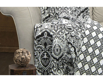 FaFurn - 3-Piece Quilt Set 100% Cotton in Black/White Damask